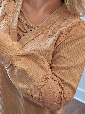 Apricot Lace Waffle V Neck